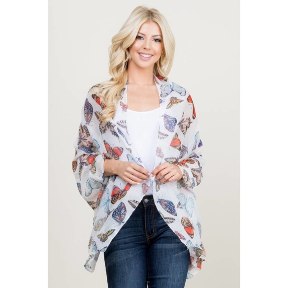 LA Soul Accessories - Colorful Butterfly Print on White Lightweight Scarf Wrap